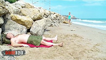 Fucking a skinny blonde slut in the ass on a public spanish beach